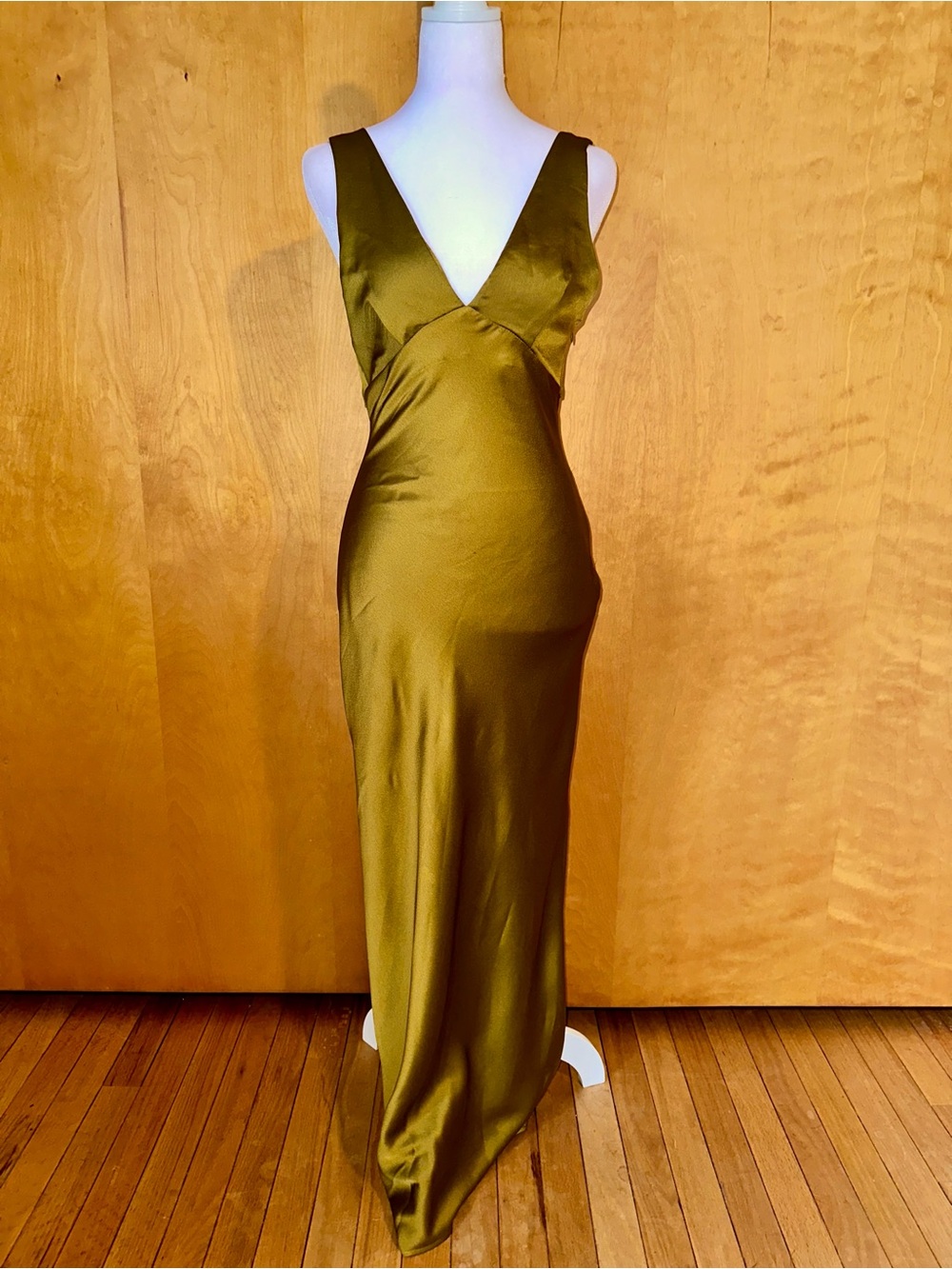 Olive Satin V-Neck Slip Dress